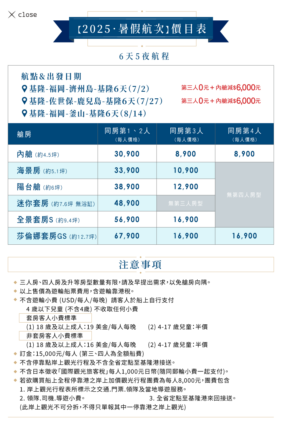 暑假6天5夜行程價目表