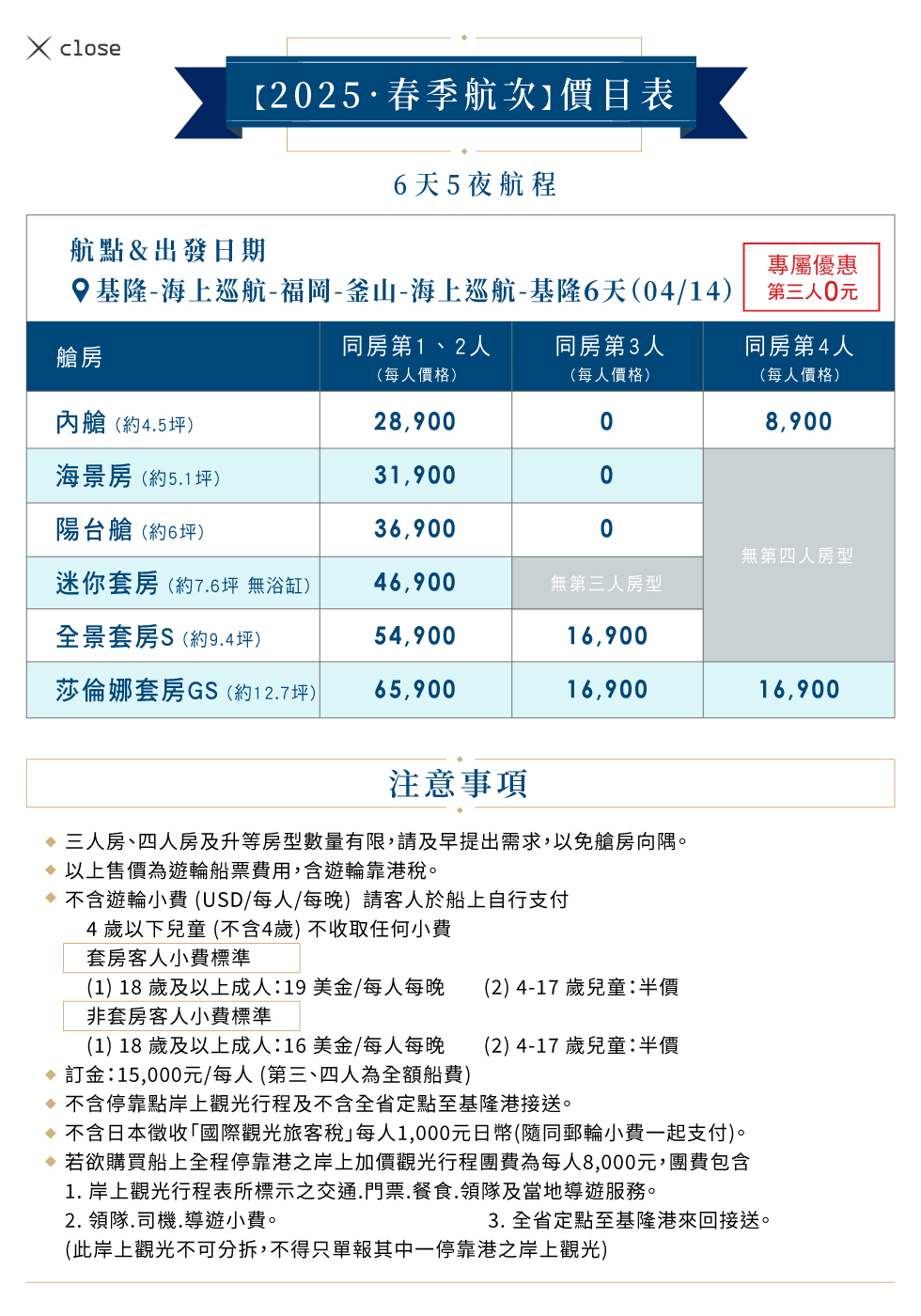 2025春季6天5夜行程價目表